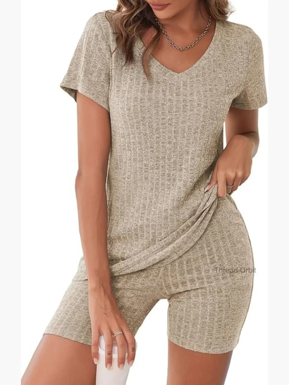 Biker Short Set 2 Piece Ribbed Lounge Outfit V-Neck Top Athleisure